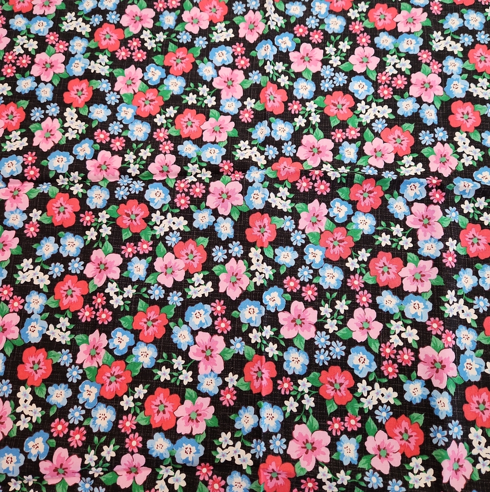 Fabric Floral Print - Pink & Blue Flowers on Black 1/4 Yard